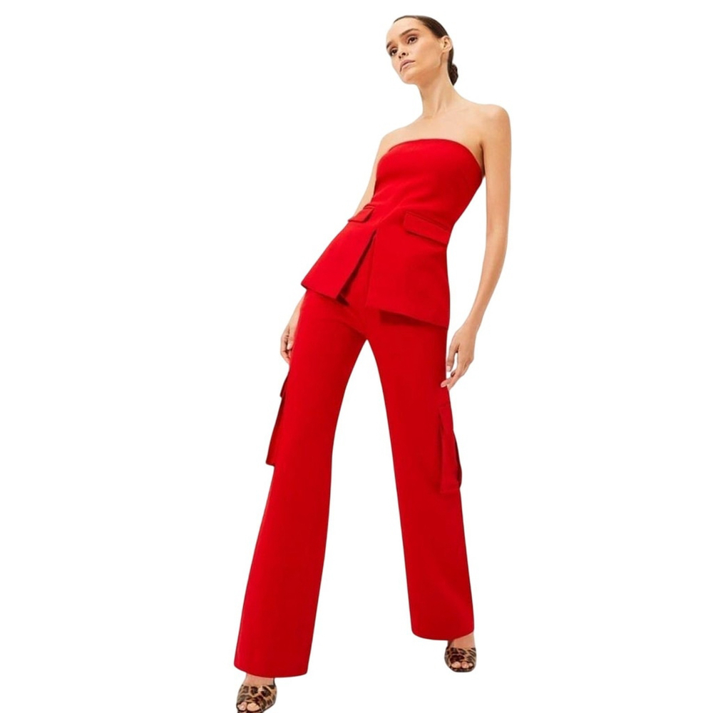 Le' AL.X Woven Crepe Cargo Pant Set Sz L Wide Leg Red Strapless Date Night Club